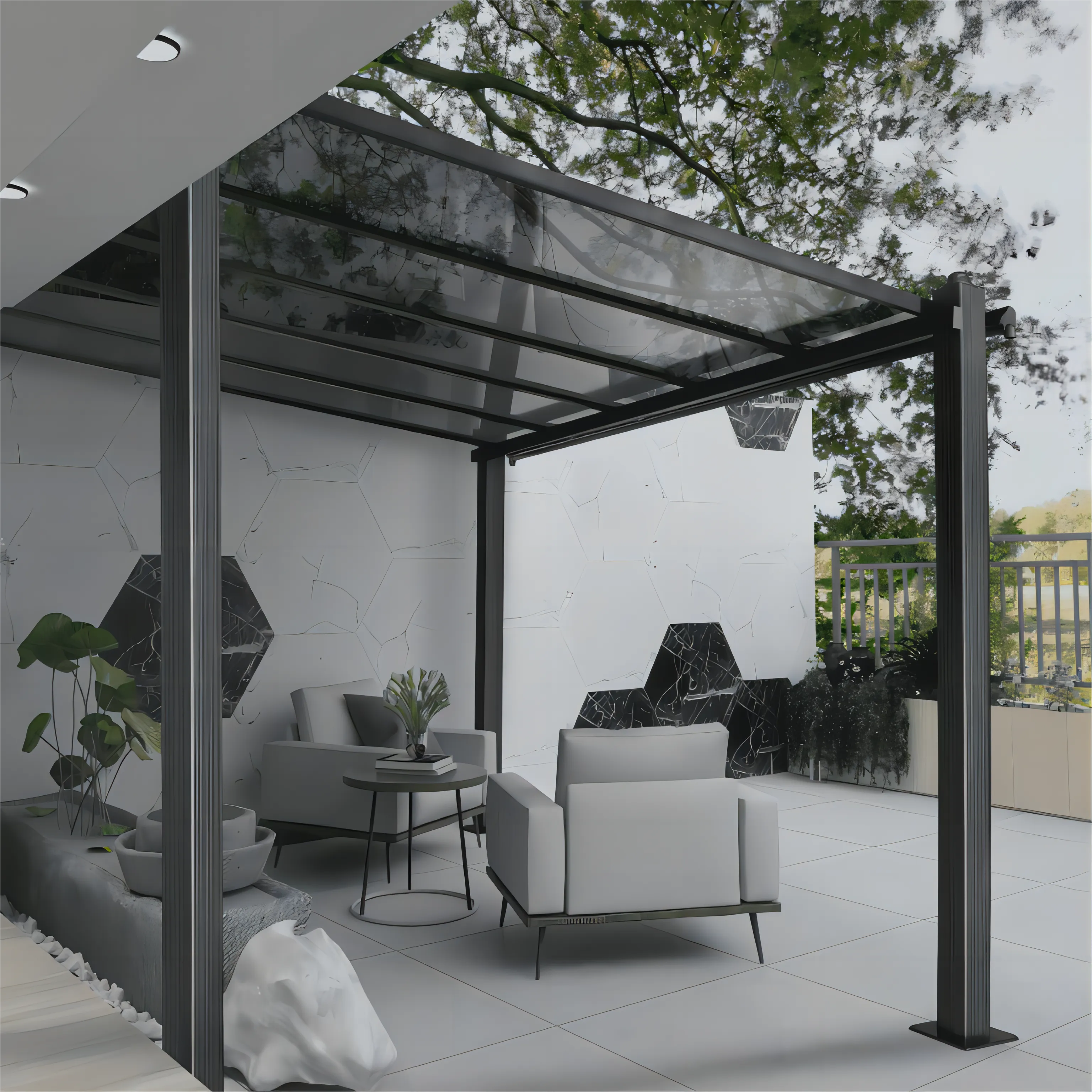 Transform your outdoor space with the Four Pillars Sunshine Aluminum Pavilion – an elegant and durable structure for a sunlit and shaded haven.