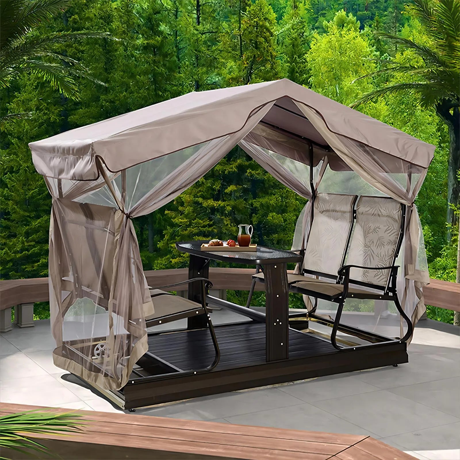 Create a cozy outdoor retreat with the Outdoor Swing Chair featuring a Pergola and Table – a perfect ensemble for relaxation and stylish outdoor living.